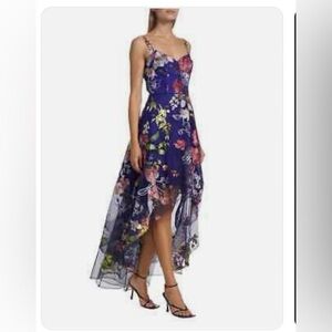 Marchesa Notte Floral Blue Embroidered Gown, Sz 14-16 NWT